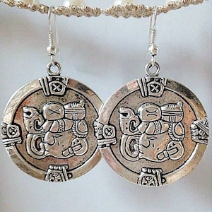 Mayan Silver Earrings, Round Aztec Mexican Round Exotic Earrings, Statement Jewelry for her, Honduran Jewelry, Mayan Jewelry, Guatemala Gift image 1