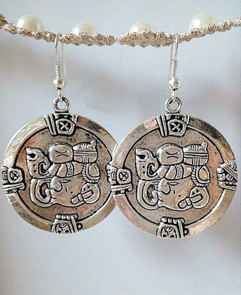 Mayan Silver Earrings, Round Aztec Mexican Round Exotic Earrings, Statement Jewelry for her, Honduran Jewelry, Mayan Jewelry, Guatemala Gift image 1