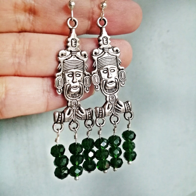 Mayan Jade Green Earrings, Mayan Idol Silver Earrings, Deep Green