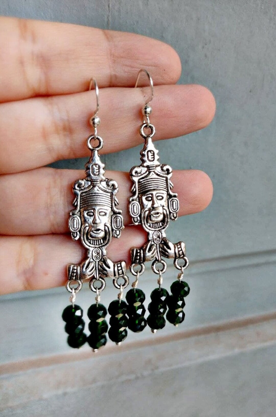 Mayan Jade Green Earrings, Mayan Idol Silver Earrings, Deep Green