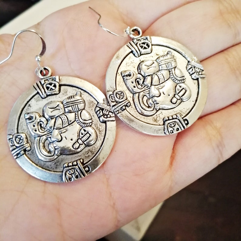 Mayan Silver Earrings, Round Aztec Mexican Round Exotic Earrings, Statement Jewelry for her, Honduran Jewelry, Mayan Jewelry, Guatemala Gift image 2