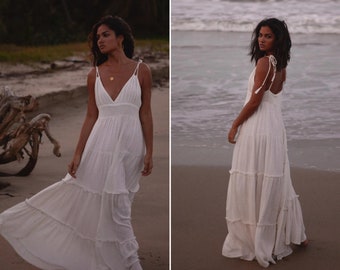 Women's Crinkle Gauze Maxi Beach Dress - Beach Wedding Dress - Off-White Colour