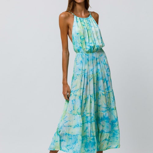 Tie Dye Maxi Open Back Summer Beach Dress - shops Boho Design Handmade Soft Rayon