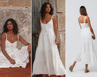 Women's Crinkle Gauze Maxi Beach Dress - Mini Beach Coverup - Off-White Colour