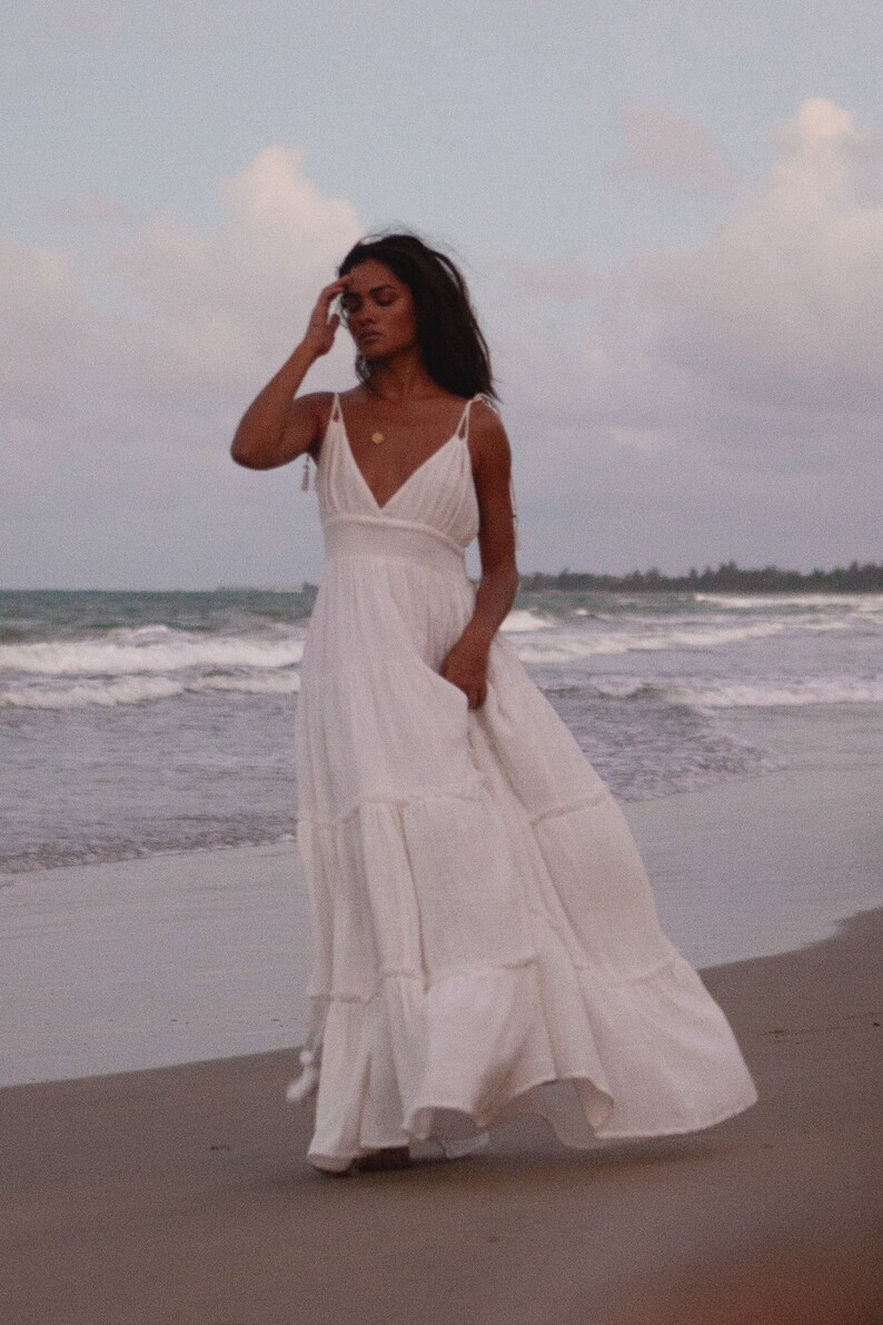 gauze dresses for beach wedding Tulle A-line Off-the-Shoulder Beach Wedding Dresses With Side Slit, MW889