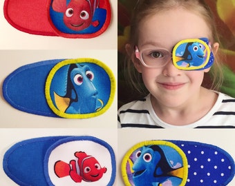 Eye patch for children with Memo and Dory. Patch for treatment of amblyopia, lazy eye, strabismus. Occlusion