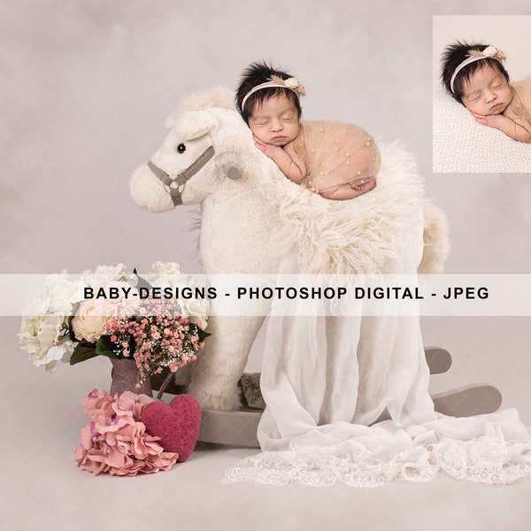 Digital Prop/Backdrop Newborn Rocking Horse ~ Girl - Grey-floral. Instant Download