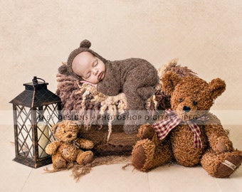 Digital Prop/Backdrop Newborn Wooden Bed, Teddies, Lantern. Instant Download