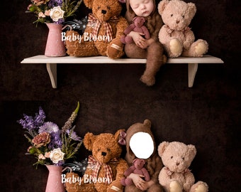 Digital Prop/Backdrop Newborn Girl - Face Fit Teddy Shelf. Instant Download