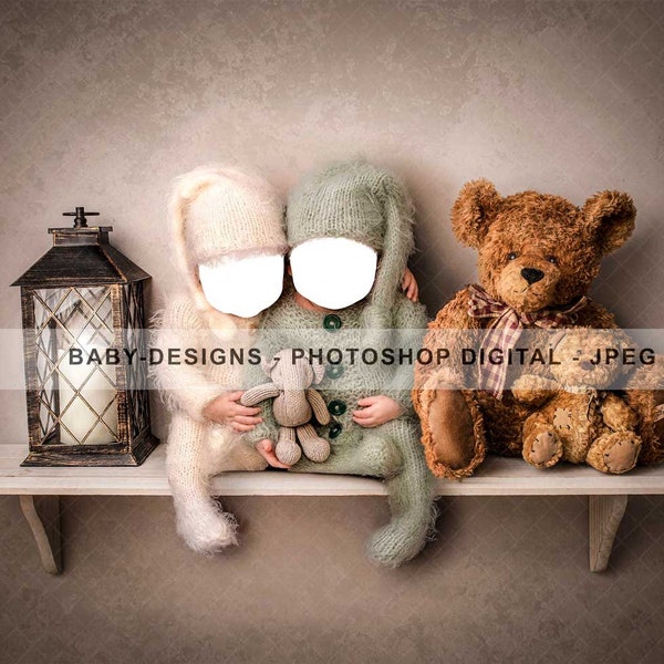 Digital Prop/Backdrop - TWINS FACE FIT Newborn Teddy Shelf. Instant Download