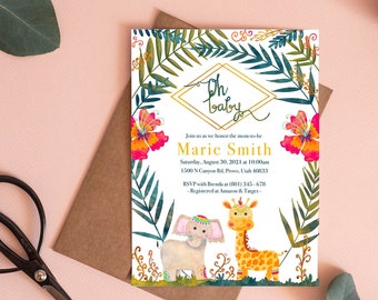 Safari Themed Baby Shower Invitation Boy or Girl TEMPLATE, Jungle Theme Unisex Invite, DIGITAL DOWNLOAD, Watercolor, Oh Baby Invitation