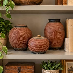 May include: Three terracotta-colored ceramic vessels with black rims and bases, featuring intricate geometric line patterns. Each piece is signed with the name Allan and a two-digit number near the base. The vessels are displayed on a shelf.