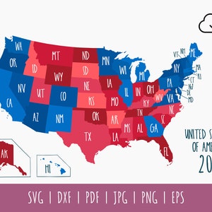 May include: A map of the United States showing the results of the 2020 presidential election. The states are coloured red or blue to indicate which candidate won the electoral votes in that state. The map also includes the states of Alaska and Hawaii.