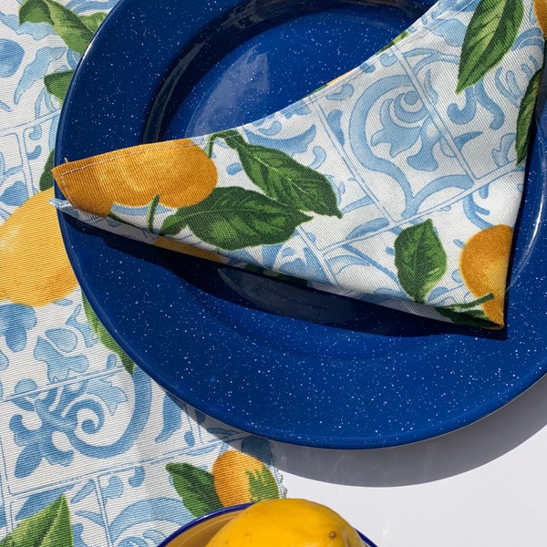 Mediterranean Style Tile and Lemon Napkins, Lemon Napkins, Summer Dining