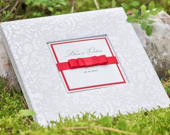 White wedding guest book with personalized text, perfect wedding gift