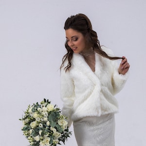 Wedding cape, Beige winter fur, Bridal jacket satin hooks closure