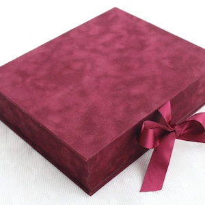 Caja para álbum de fotos de boda, Caja de recuerdos, Colores burdeos y esmeralda, Caja de terciopelo para álbum de fotos con cierre de cinta de raso, 9 x 10,5 pulgadas