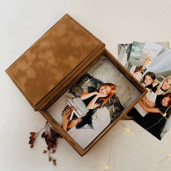Boîte photo de mariage marron, boîte photo en velours, boîte pour photos 4x6