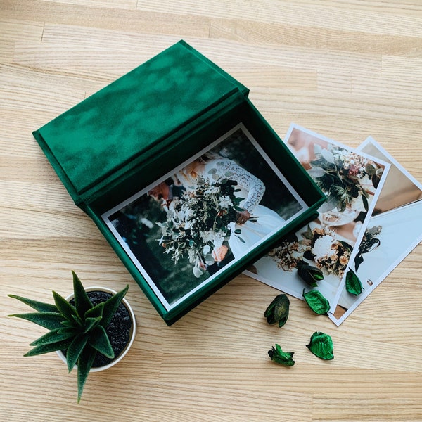 Emerald Wedding Photo Box, Velvet Photo Box, Box for 4x6 photos
