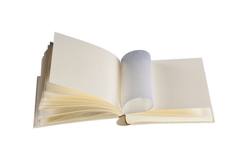 K&ouml;nnte beinhalten: Ein offenes leeres Buch mit cremefarbenen Seiten. Das Buch liegt flach mit aufgef&auml;cherten Seiten.