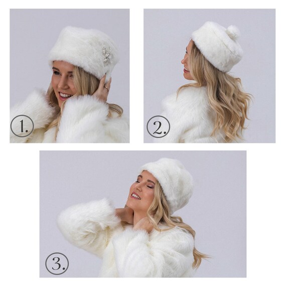 Pearl detailed Fuzzy Hat -Red Wedding Fur Hat With Pearls, Winter Faux Hat, Warm Gift for  main image 3