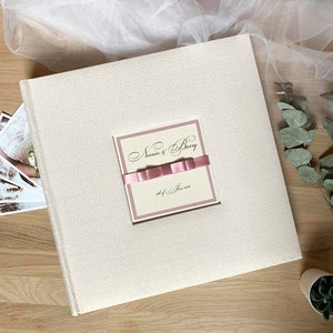 Beige Personalized Wedding Album, Large Wedding Album with Satin Ribbon