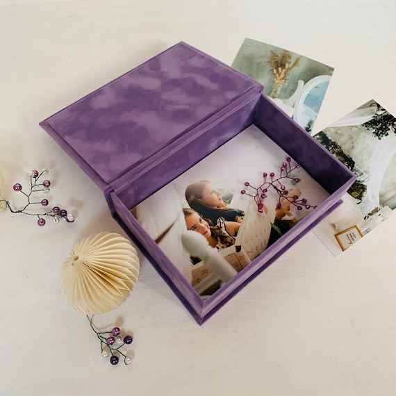 Violet Velvet Photo Box, Box for 4x6 Photos, Christmas Gift 