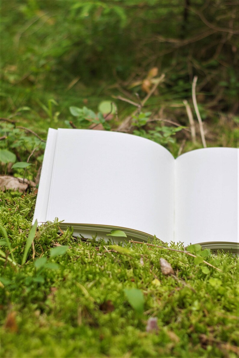 Puede incluir: Un libro abierto en blanco que descansa sobre un lecho de musgo verde.