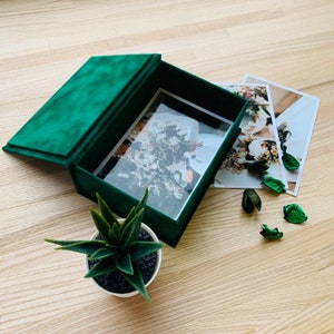 May include: A dark green velvet photo box with a hinged lid, open to reveal a photograph. Two additional photos are next to the box. A small potted succulent and decorative dried leaves are also present on a light wood surface.