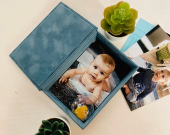 Dusky Blue Wedding Photo Box, Velvet Photo Box, Christmas Gift