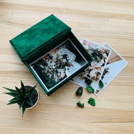 Emerald Wedding Photo Box, Velvet Photo Box, Box for 4x6 photos