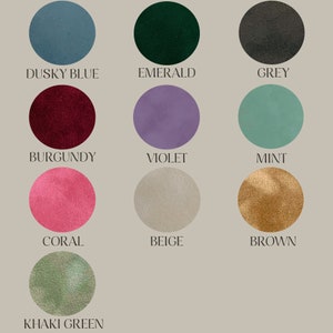 May include: A colour palette showing nine circular swatches in different shades. Colours include dusky blue, emerald, grey, burgundy, violet, mint, coral, beige, brown, and khaki green. Each swatch has a colour name written below it.