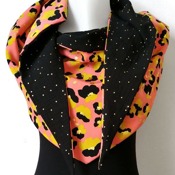 Maxi chèche femme réversible - Foulard triangle - viscose rose corail, noire, moutarde et or - double gaze à pois dorés - Cadeau tendance