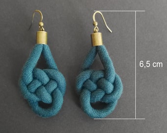 Boucles d'oreilles nœud marin en coton turquoise foncé / bleu pétrole - crochets métal bronze, doré, argenté ou 925 sans nickel