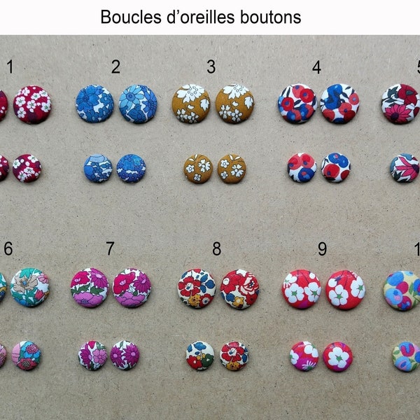 Boucles d'oreilles puces boutons (1,5cm ou 2cm) en liberty - Fixation par tige ou par clip au choix - Idée cadeau femme/fille
