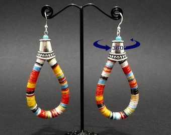 Boucles d'oreilles forme goutte en tissu feutré multicolore - 8,5cm de long - crochet en argent massif 925 ou acier inoxydable