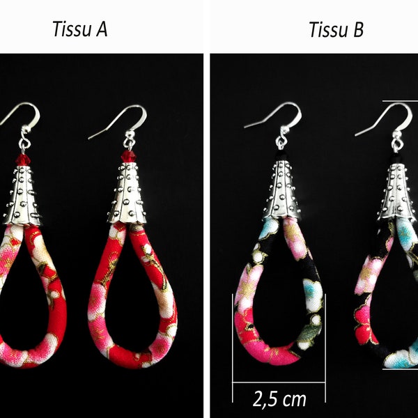 Boucles d'oreilles goutte en tissu japonais et argent tibétain - Tissus au choix (A ou B) - crochets argent massif 925 ou acier inoxydable