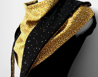 Maxi reversible women's scarf - Triangle scarf - mustard viscose and double black gauze with gold dots, Oeko-Tex certified - Trendy gift