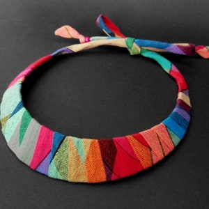 3cm wide bib necklace in multicoloured madras cotton M1, gold chain or ties to tie, adjustable length - Unique models