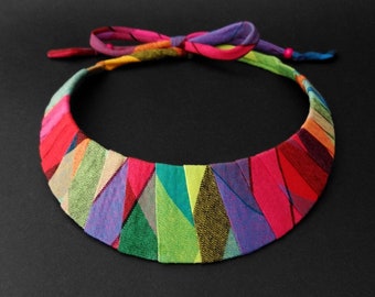 4cm wide bib necklace in multicolored madras cotton M1, gold chain or links to tie, adjustable length - Unique models