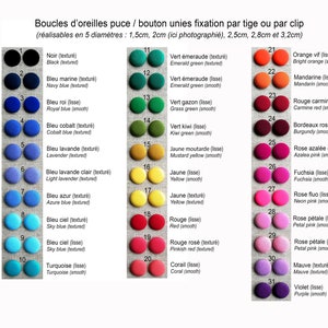 Op de afbeelding: Een tabel met 31 verschillende kleuren knopen, elk met een naam in het Engels en Frans. De knopen zijn gerangschikt in drie kolommen, waarbij elke kolom een andere maat aangeeft. De knopen zijn allemaal rond en hebben een gladde of textuur.
