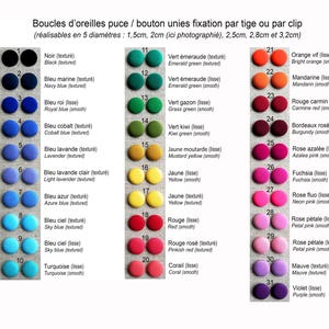 Op de afbeelding: Een kleurenkaart met eenendertig paren ronde oorknopjes of knopen in diverse tinten, waaronder zwart, blauw, groen, geel, rood, oranje, roze en paars. Elk item is genummerd en voorzien van de kleurnaam in het Frans en het Engels.