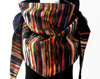 Maxi chèche femme réversible - Foulard triangle - jersey rayures multicolores polaire Doudou ou double gaze à pois dorés - Cadeau tendance