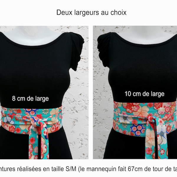 Ceinture Obi réversible en tissu japonais turquoise et rouge fleuri et satin - 8cm ou 10cm de large - 2 tailles - Idée cadeau originale