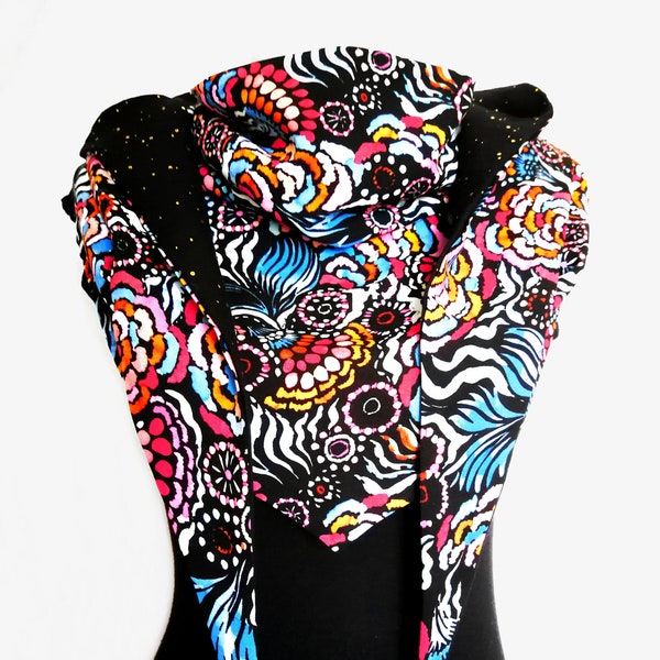 Maxi chèche femme réversible - Foulard triangle - viscose multicolore et double gaze noire pois dorés certifiées Oeko-Tex - Cadeau tendance