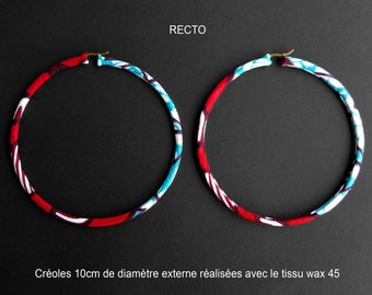 Maxi créoles en wax - 10cm de diamètre - tissu wax 45 (rouge, bleu) - Modèle unique, idée cadeau originale et tendance