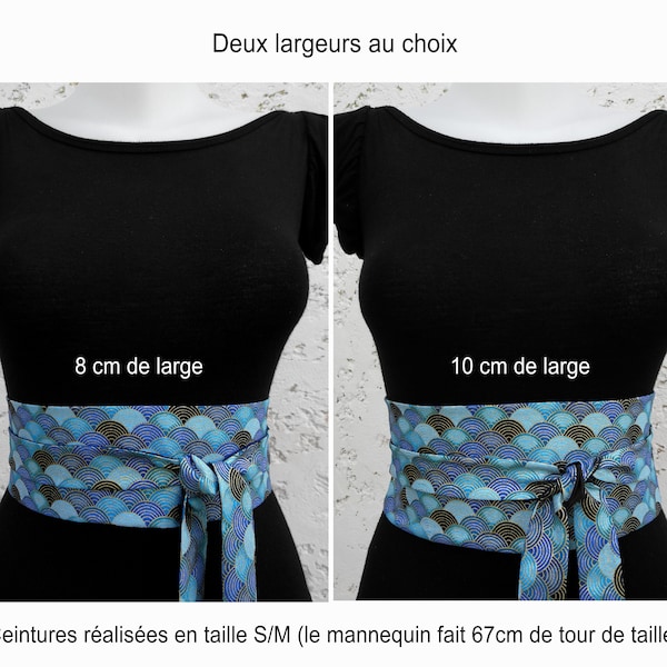 Ceinture Obi réversible en tissu japonais vagues seigaiha bleu noir doré - 8cm ou 10cm de large - 2 tailles - Idée cadeau originale