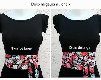 Omkeerbare obi-riem van Japanse stof B, zwarte bloemenprint en satijn - 8 cm of 10 cm breed - 2 maten - Origineel en trendy cadeau-idee
