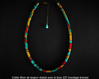 Collier ajustable en wax (tissu 237) 8mm de diamètre - Finition noire, bronze ou dorée - Modèle unique, bijou tendance, cadeau original