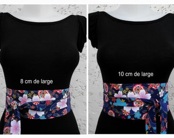 Omkeerbare obi-riem van Japanse stof met een blauwe, roze en gouden bloemenprint - 8 cm of 10 cm breed - 2 maten - Origineel cadeau-idee